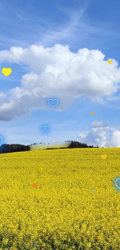 Yellow field under blue sky with hearts.