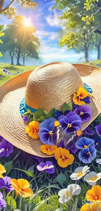 Straw hat with colorful flowers in a sunny, green meadow.