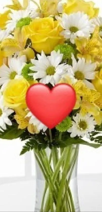 Yellow rose and white daisy bouquet with a red heart icon.