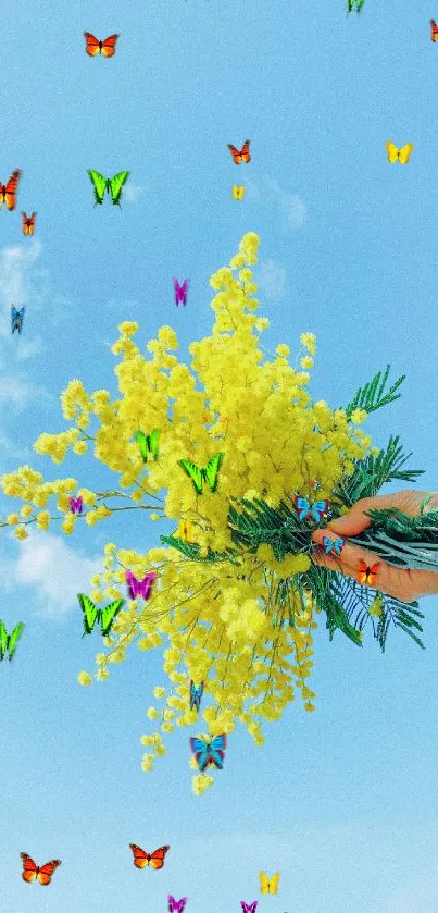 Vibrant yellow flowers against a bright blue sky wallpaper.