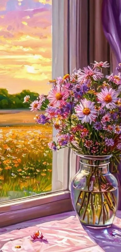 Vibrant flowers in a vase by a sunny window.