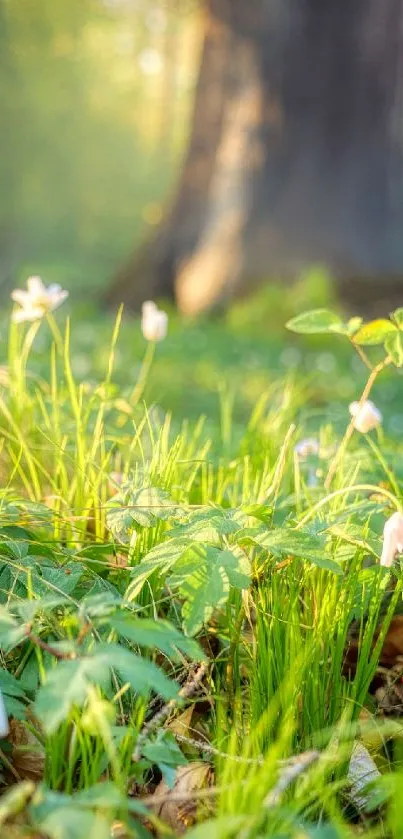 Bright forest floor with sunlit flowers and lush greenery.