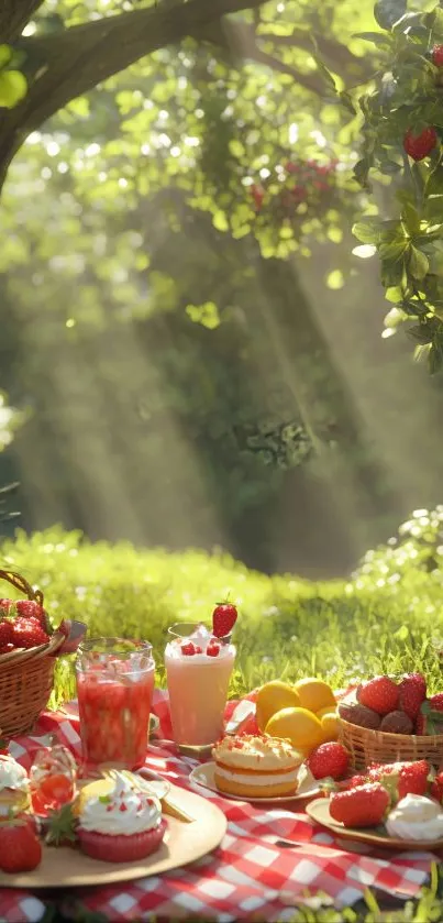 Sunny picnic with fruits and greenery under a tree.