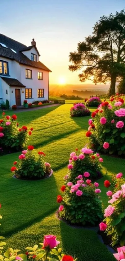 Vibrant garden with pink roses and a house in sunset glow.