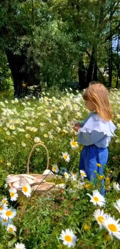 Child picking daisies in a sunlit garden, surrounded by vibrant greenery.