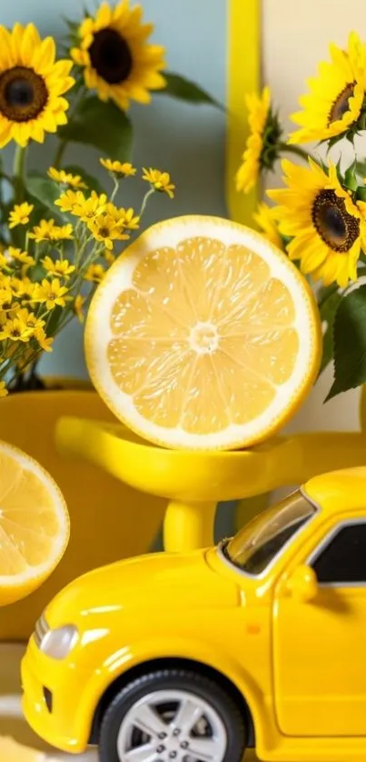 Sunny yellow scene with lemons, sunflowers, and a toy car.