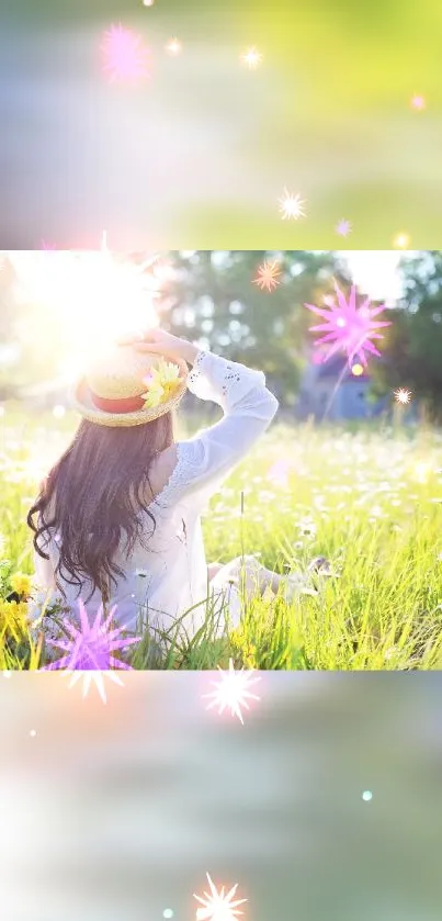 Woman in a sunlit meadow with floral accents and sparkling lights.