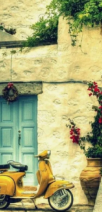 Vintage yellow scooter by a blue door in a Mediterranean village.