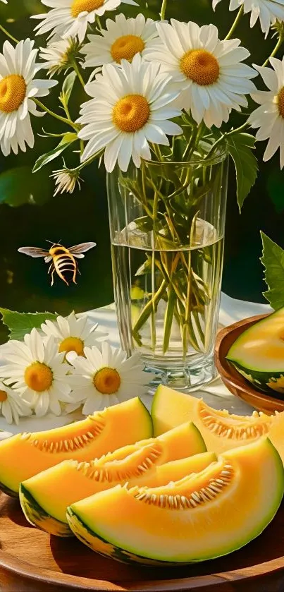 Slices of melons and daisies in a sunlit scene with a bee hovering.