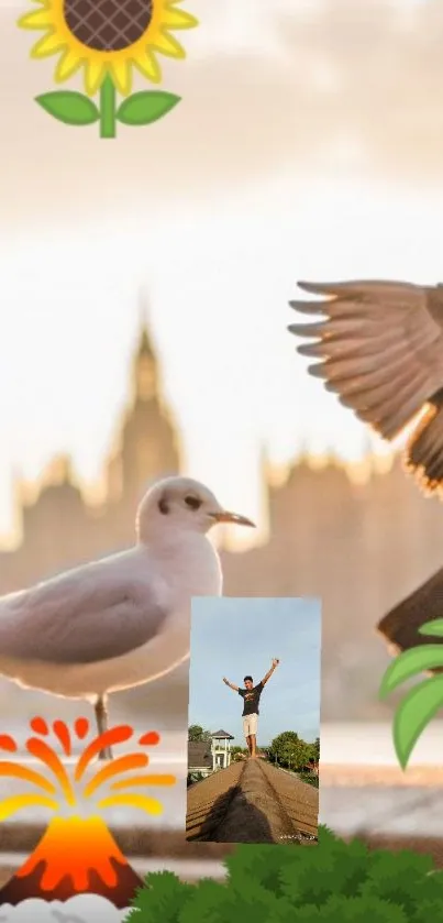 Mobile wallpaper with seagull, cityscape, and sunflowers at sunset.