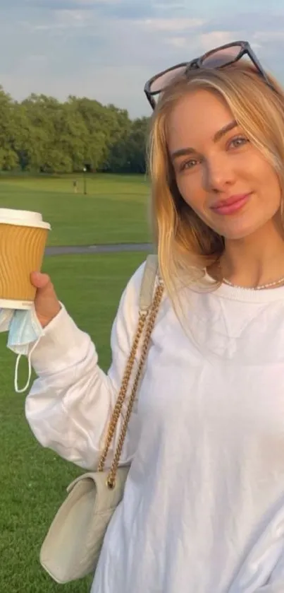 Person enjoying coffee in a sunny park.