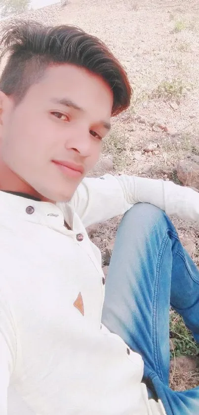 Young man sitting outdoors on a sunny day.