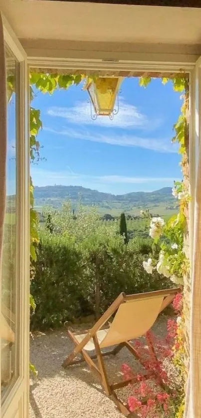 Open patio door with chair and sunny landscape