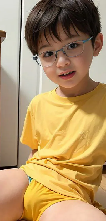 Child in yellow outfit sitting beside wooden cabinet, exuding cheerful vibes.