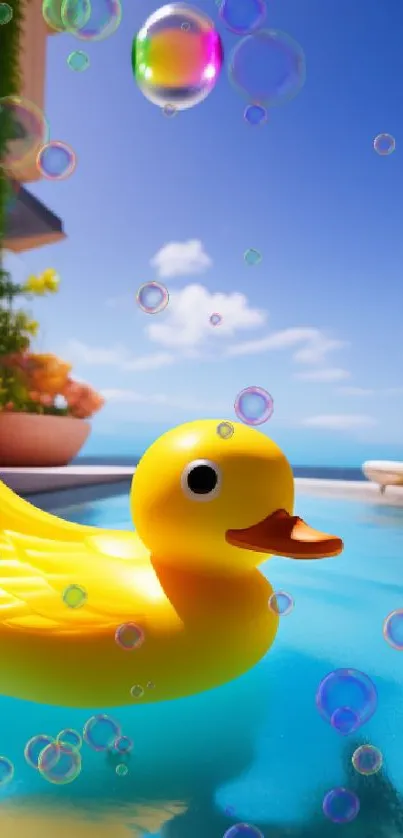 A vibrant yellow rubber duck floats in a sunny pool with a colorful bubble overhead.