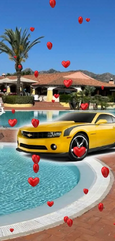 Yellow sports car by a sunny poolside resort.