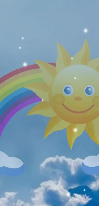 Smiling sun and rainbow over fluffy clouds wallpaper.