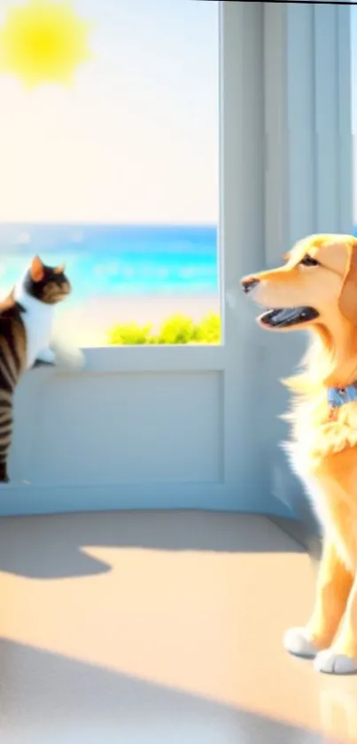 Golden retriever and cat by a sunny beach window.