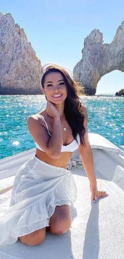 Woman on a boat enjoying sunny sea view.