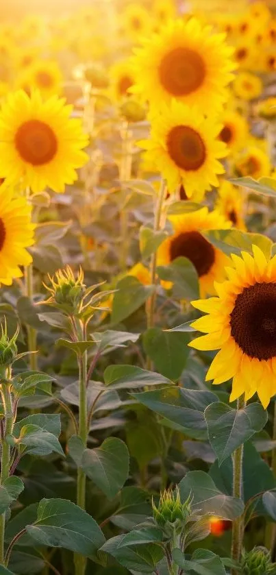 Vivid sunflower field under warm sunlight.