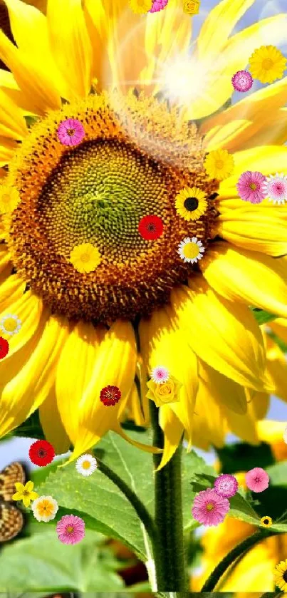 Vibrant sunflower field under blue sky.