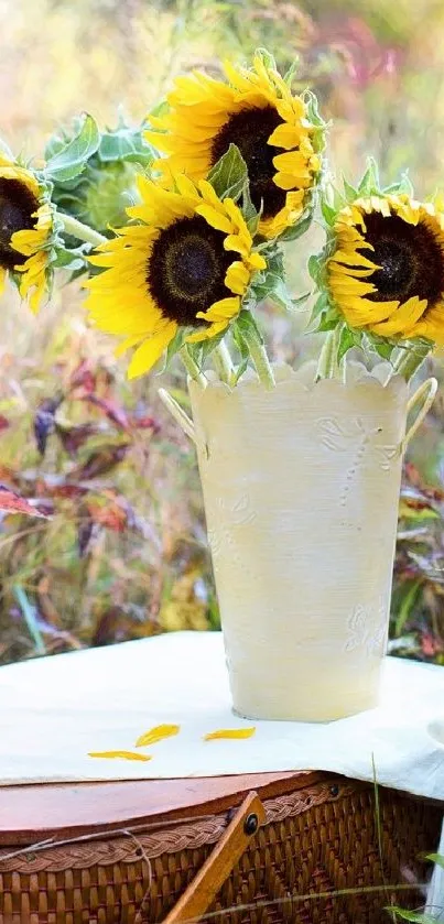 Vibrant yellow sunflowers in an elegant vase on a rustic table.