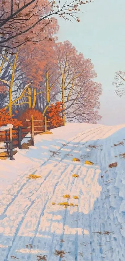 Snowy winter path painting with bright sky and trees.