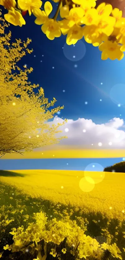 Vibrant yellow field under a clear blue sky.