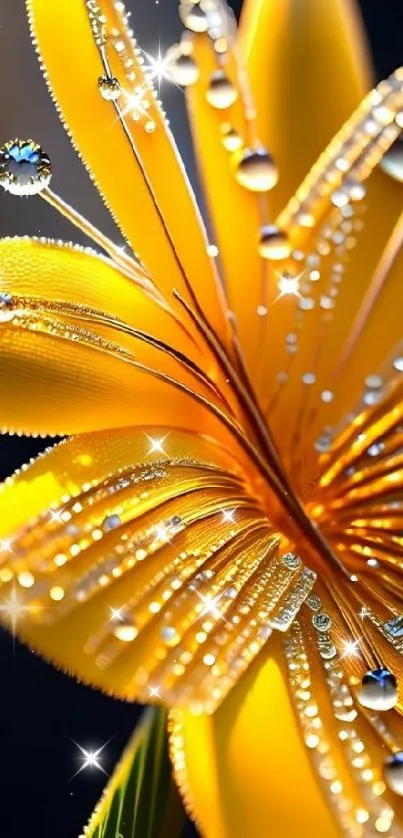 Close-up of yellow flower with dewdrops on a wallpaper background.