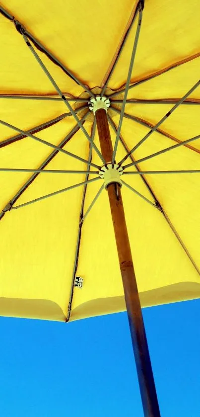 Bright yellow umbrella against a clear blue sky.