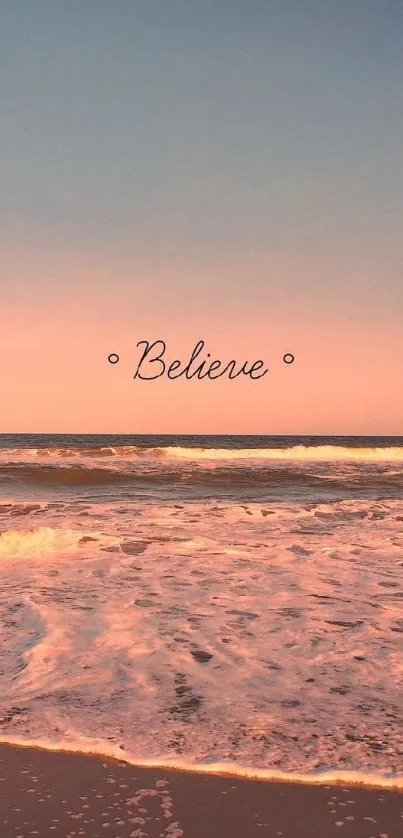 Inspirational beach sunrise wallpaper with 'Believe' text.