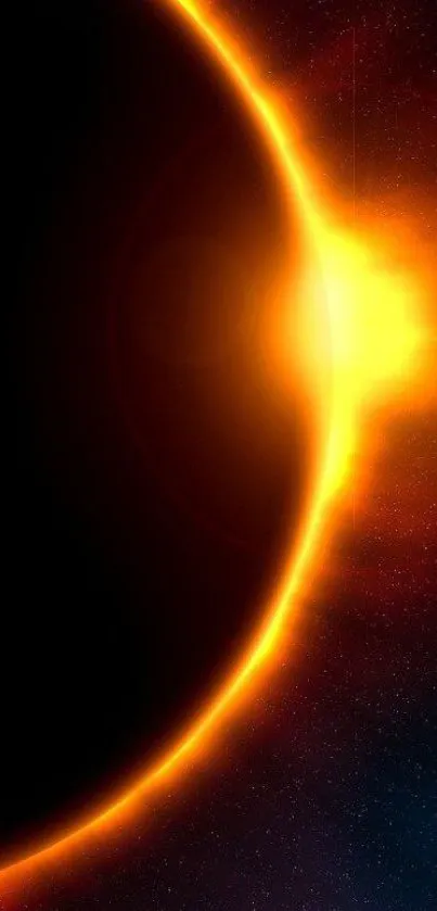 Vivid solar eclipse with glowing orange hues in space.