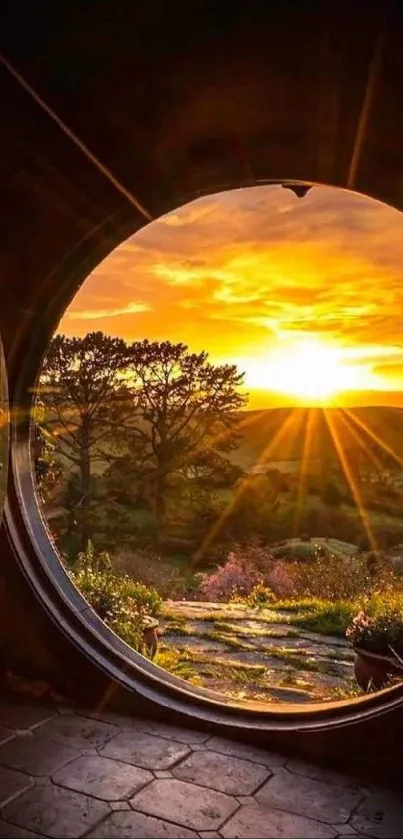 Scenic sunrise through a hobbit-style door with vibrant golden hues.