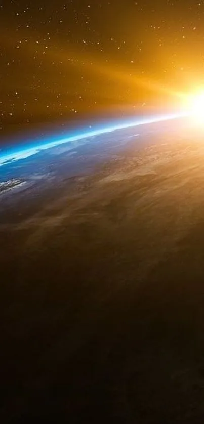 Mobile wallpaper of sunrise over Earth with golden hues in space.