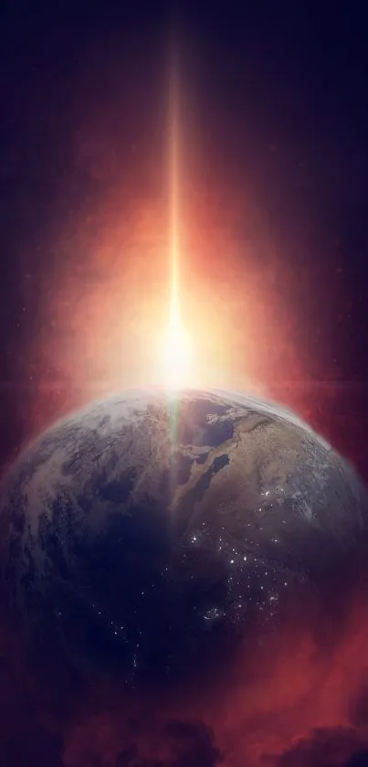 Stunning cosmic sunrise over Earth with vibrant orange hues.