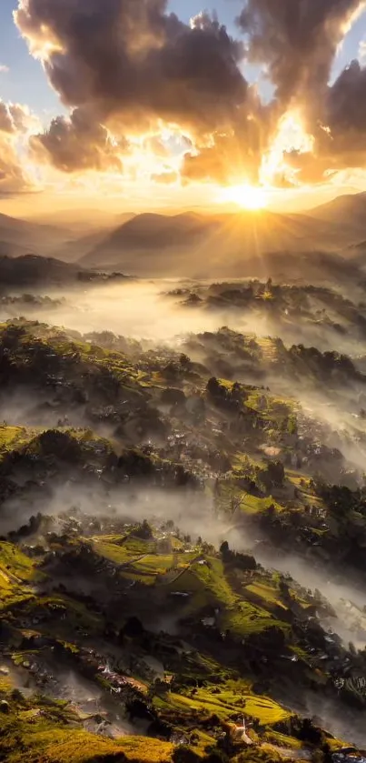 Sunrise casting golden light over misty hills.