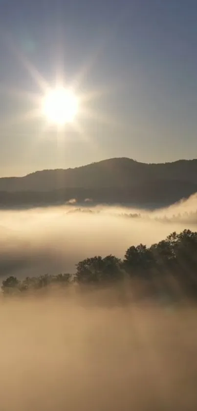 Beautiful sunrise over foggy mountains with sunlight beams.