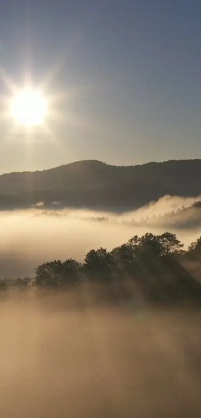 Beautiful sunrise over misty mountains with sunlight streaming through clouds.