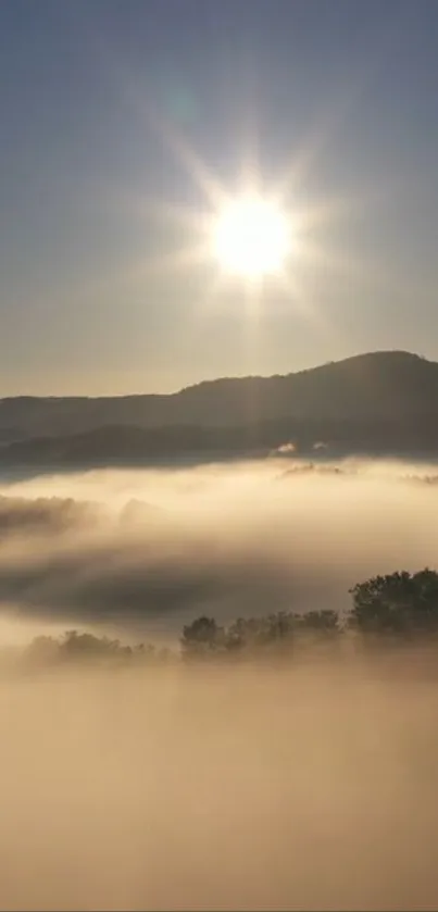 Breathtaking sunrise over misty mountains with a serene ambiance.