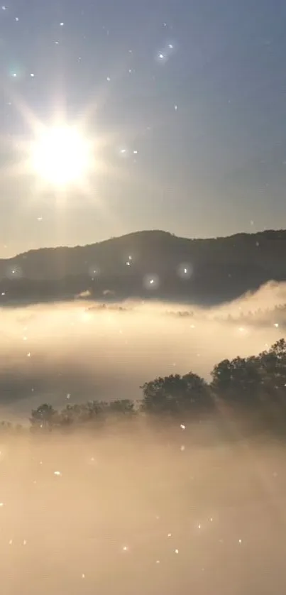 Misty mountain sunrise with sun rays and fog.