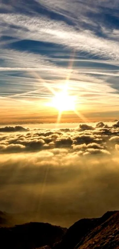 Golden sunrise over clouds in a scenic mobile wallpaper.