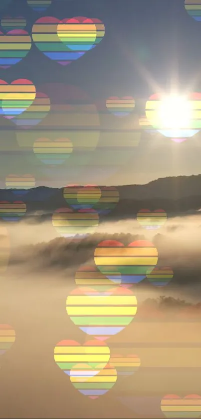 Sunrise with rainbow-striped floating hearts over a misty landscape.