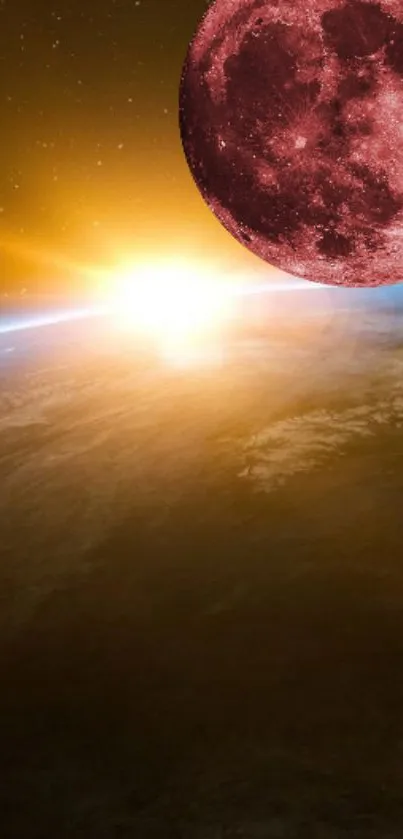 Stunning red moon over Earth's sunrise in space wallpaper.