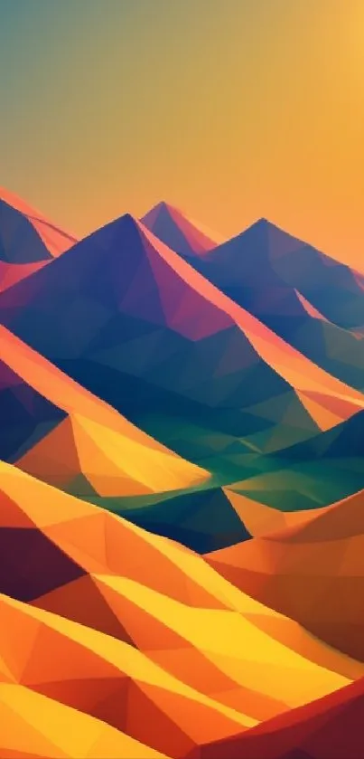 Abstract geometric mountain landscape with vibrant sunset hues.