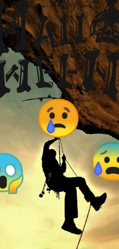 Silhouette of climber on cliff with sunset sky and emojis.