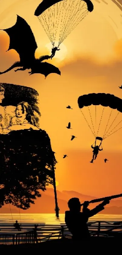 Silhouette art with sunset, dragon, and parachuting figures.