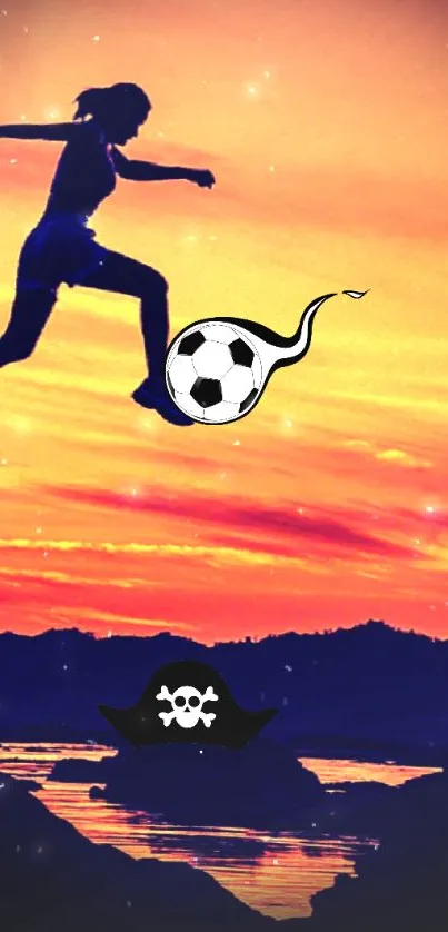 Silhouette jumping with soccer ball against vibrant sunset.