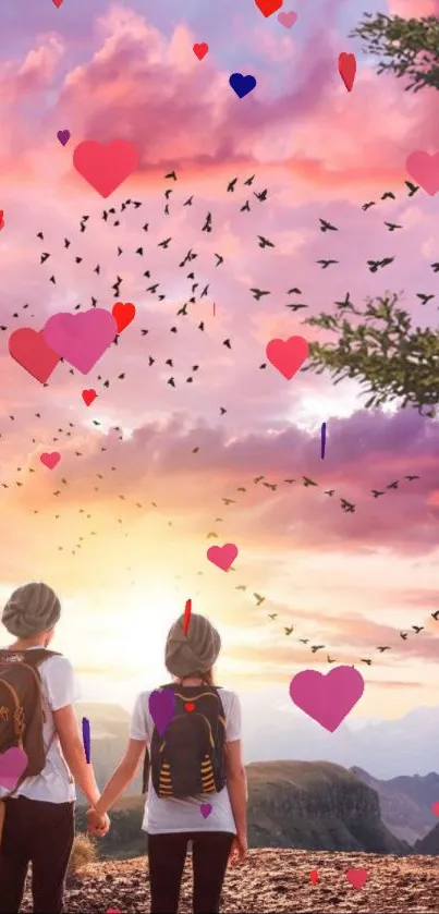 Two hikers holding hands at sunset with birds flying in a purple sky.