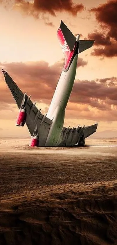 Airplane wreck partially buried in sand under a dramatic sunset sky.