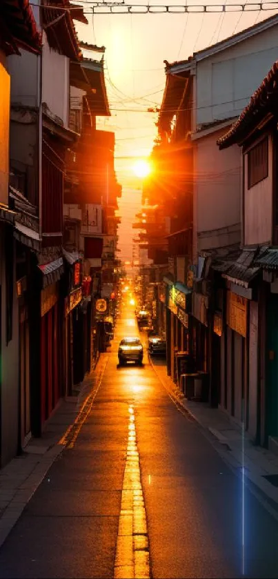 Mobile wallpaper of a sunset in a narrow city alley with golden hues.